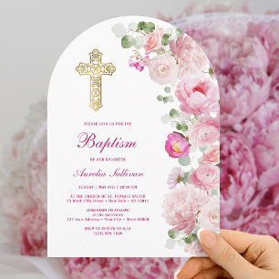 Pink Peonies Arch Baptism Invitation