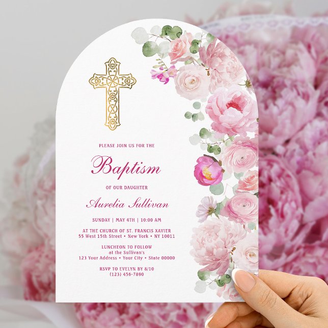 Pink Peonies Arch Baptism Invitation (Creator Uploaded)
