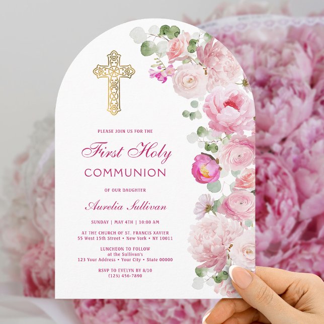 Pink Peonies Arch First Communion Invitation (Creator Uploaded)