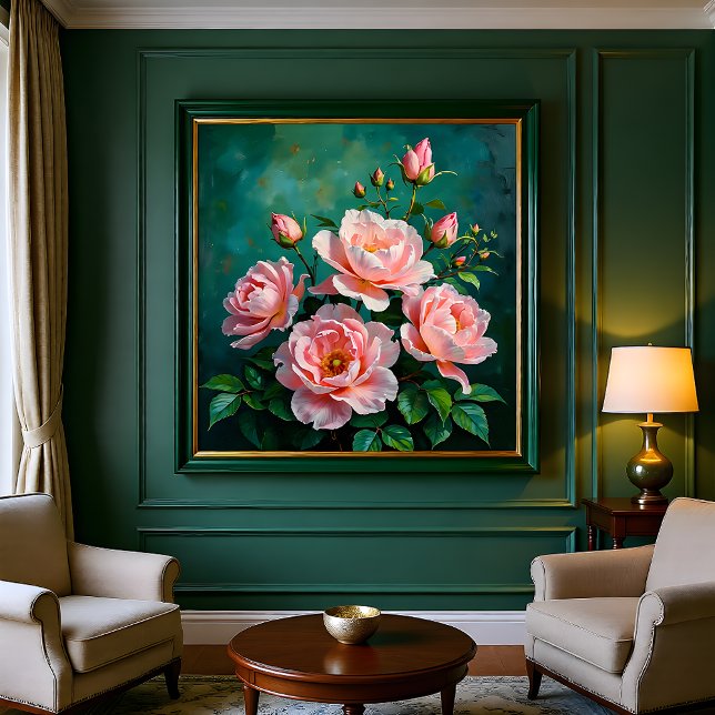 Pink Peonies Artwork on Emerald Green Canvas Print (Creator Uploaded)