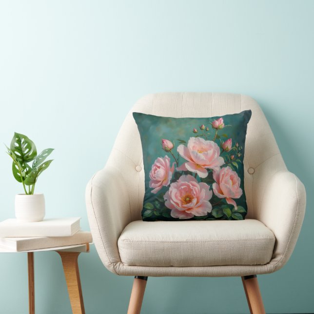 Pink Peonies Artwork on Emerald Green Cushion (Chair)