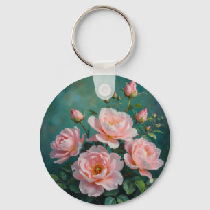Pink Peonies Artwork on Emerald Green Key Ring