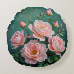 Pink Peonies Artwork on Emerald Green Round Cushion