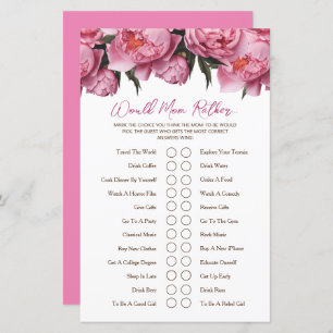 Pink Peonies Baby Shower Game Would Mum Rather...