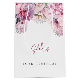 Pink peonies birthday party watercolor medium gift bag