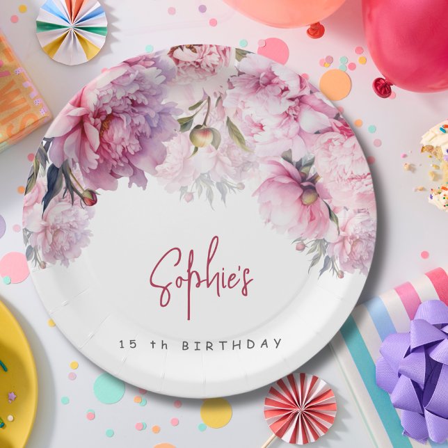 Pink peonies birthday party watercolor paper plate (Creator Uploaded)