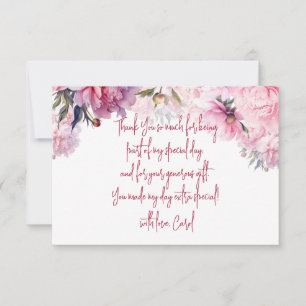 Pink peonies birthday party watercolor thank you card