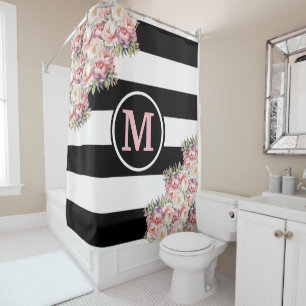 Pink Peonies Black and White Striped Monogram Shower Curtain