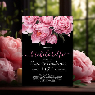 Pink Peonies Black Bachelorette Party Invitation