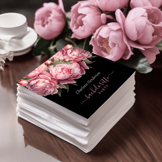 Pink Peonies Black Bachelorette Party Napkin (Pink Peonies Watercolor Black Bachelorette Party Napkins)