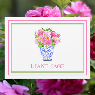 Pink Peonies Blue Chinoiserie Vase Custom Preppy  Card