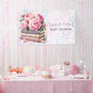 Pink Peonies & Books New Chapter Girl Baby Shower Banner