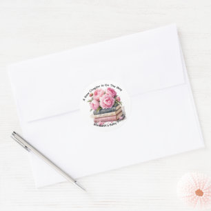 Pink Peonies & Books New Chapter Girl Baby Shower Classic Round Sticker
