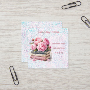 Pink Peonies & Books New Chapter Square Business Card