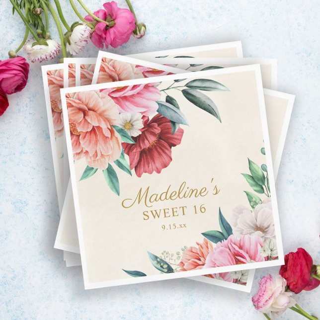 Pink Peonies Burgundy Floral Leaves Sweet 16 Napkin (Creator Uploaded)