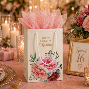 Pink Peonies Burgundy Floral Leaves Sweet 16  Smal Small Gift Bag