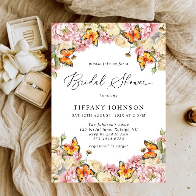 Pink Peonies Butterflies Floral Bridal Shower Invitation (Creator Uploaded)