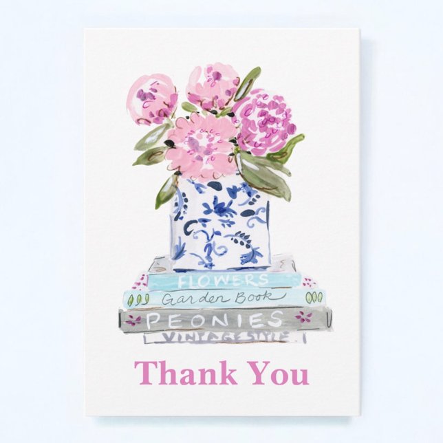 Pink Peonies Chinoiserie Vase Book Stack Thank You Card (Creator Uploaded)
