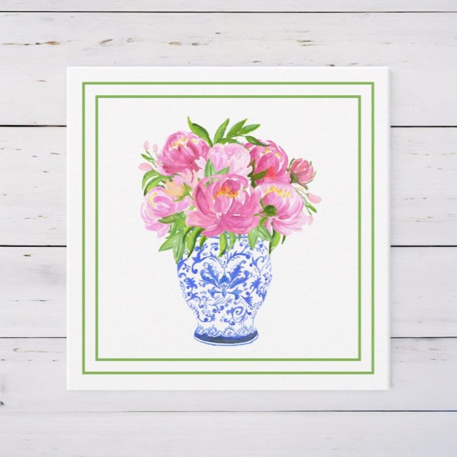 Pink Peonies Chinoiserie Vase Green Border Card (Creator Uploaded)
