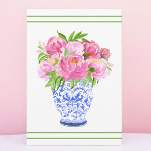 Pink Peonies Chinoiserie Vase Green Border Thank You Card
