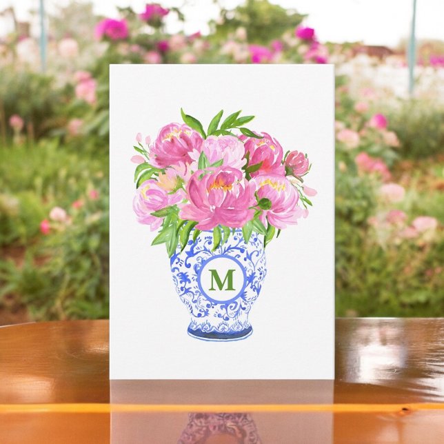 Pink Peonies Chinoiserie Vase Green Monogram Card (Creator Uploaded)