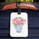 Pink Peonies Chinoiserie Vase Green Monogram Luggage Tag<br><div class="desc">Who doesn't love peonies? They are so beautiful in this blue and white vase. You'll always be able to find your bag with this beautiful luggage tag. Personalise with an initial. Great for a teacher, friend, or family member. This peony pattern can be found on other items in my shop,...</div>