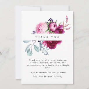 Pink Peonies Colourful Funeral Bereavement Thank You Card