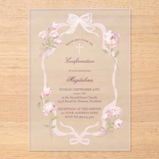 pink peonies Confirmation girl Acrylic Invitations (Front)