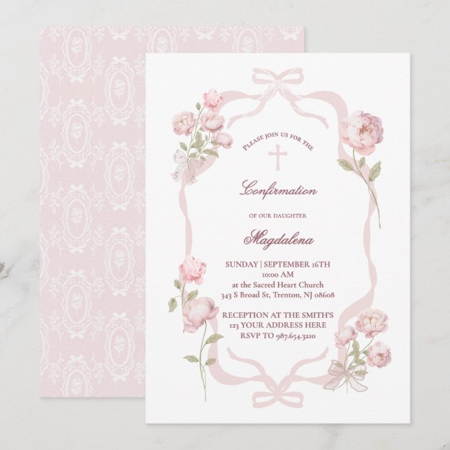pink peonies Confirmation girl Invitation (Front/Back)