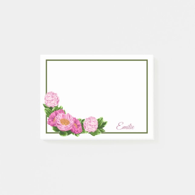 Pink Peonies Corner Border Post-It Notes (Front)