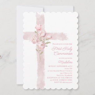 pink peonies cross First Holy Communion Invitation