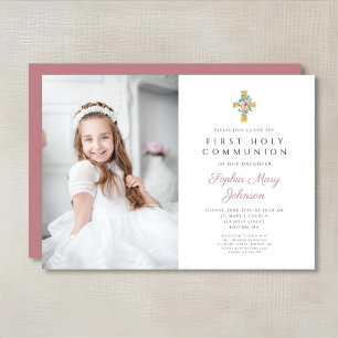 Pink Peonies Cross Girl First Communion Photo Invitation