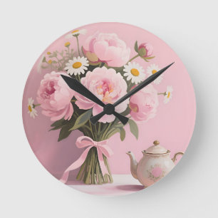 Pink Peonies Daisies Bouquet Round Clock