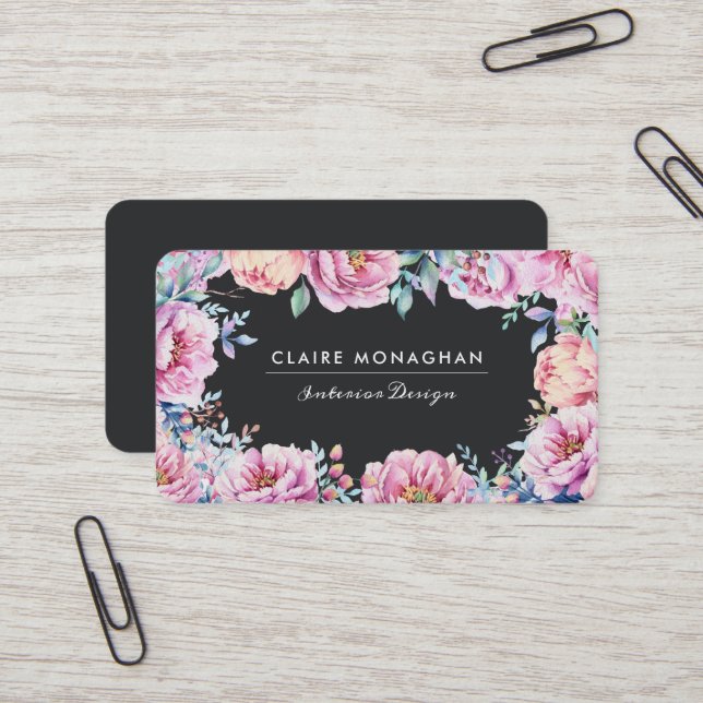Pink Peonies | Dark Business Card (Front/Back In Situ)