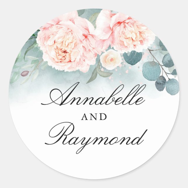 Pink Peonies Elegant Watercolor Greenery Bouquet Classic Round Sticker (Front)