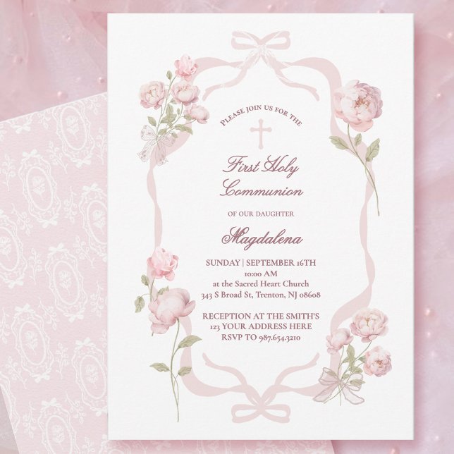 pink peonies First Holy Communion girl Invitation (Creator Uploaded)