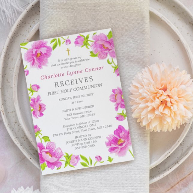 Pink Peonies First Holy Communion Invitation (Creator Uploaded)