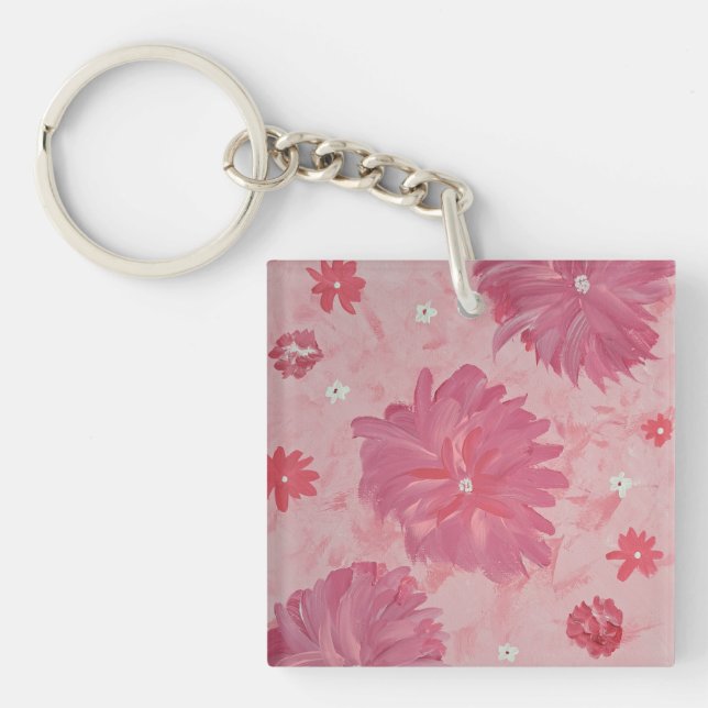 Pink Peonies Floral Acrylic Square Keychain (Front)
