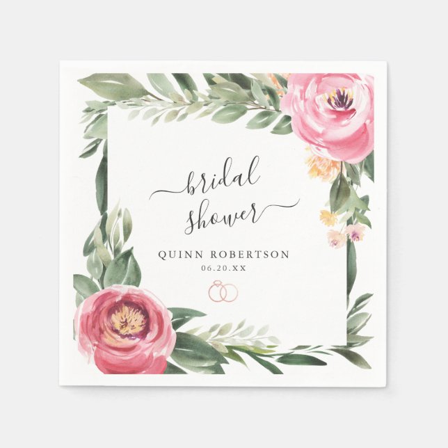 Pink Peonies Floral Bridal Shower Personalised Napkin (Front)