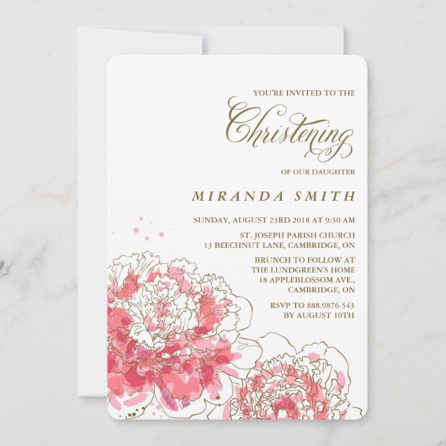 Pink Peonies | Floral Christening Invitation (Front)