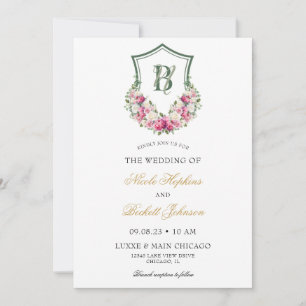 Pink Peonies Floral Crest Wedding Invitation
