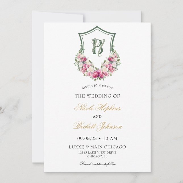 Pink Peonies Floral Crest Wedding Invitation (Front)