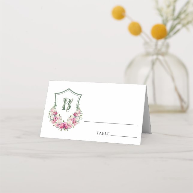 Pink Peonies Floral Crest Wedding Place Card (Front)