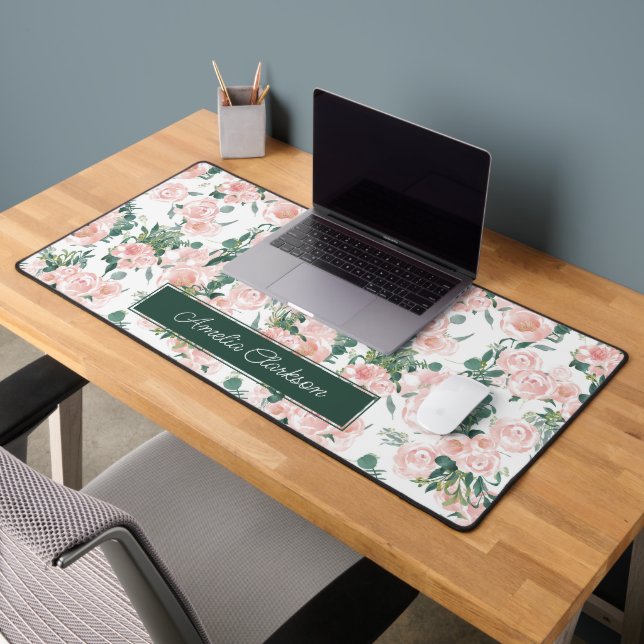 Pink Peonies Floral Custom Name Desk Mat (Office 2)