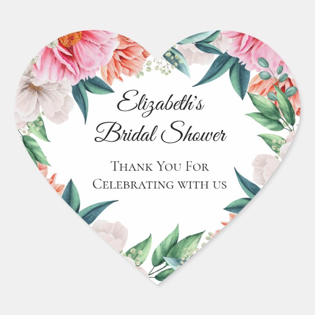 Pink Peonies Floral Eucalyptus Bridal Shower Favou Heart Sticker (Front)