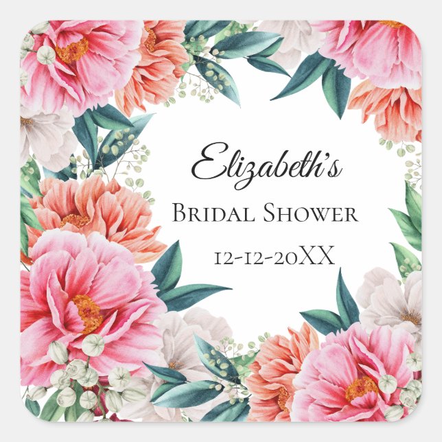 Pink Peonies Floral Eucalyptus Bridal Shower Favou Square Sticker (Front)