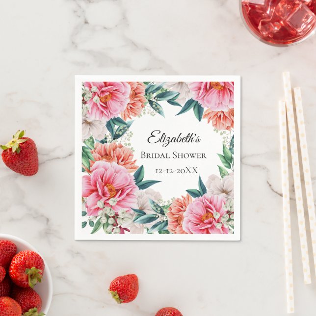 Pink Peonies Floral Eucalyptus Bridal Shower  Napkin (Insitu)