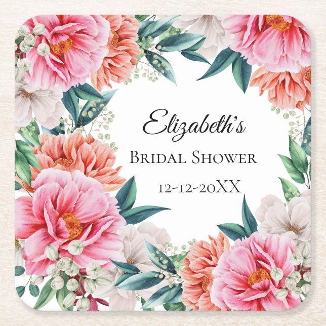 Pink Peonies Floral Eucalyptus Bridal Shower  Square Paper Coaster (Front)