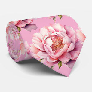 Pink Peonies Floral Flower Faux Silk Neck Tie