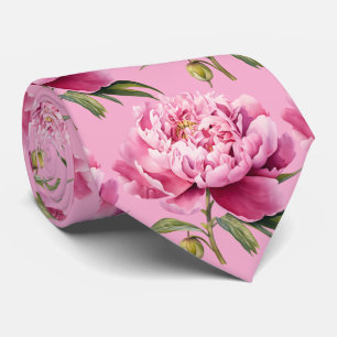 Pink Peonies Floral Flower Faux Silk Neck Tie